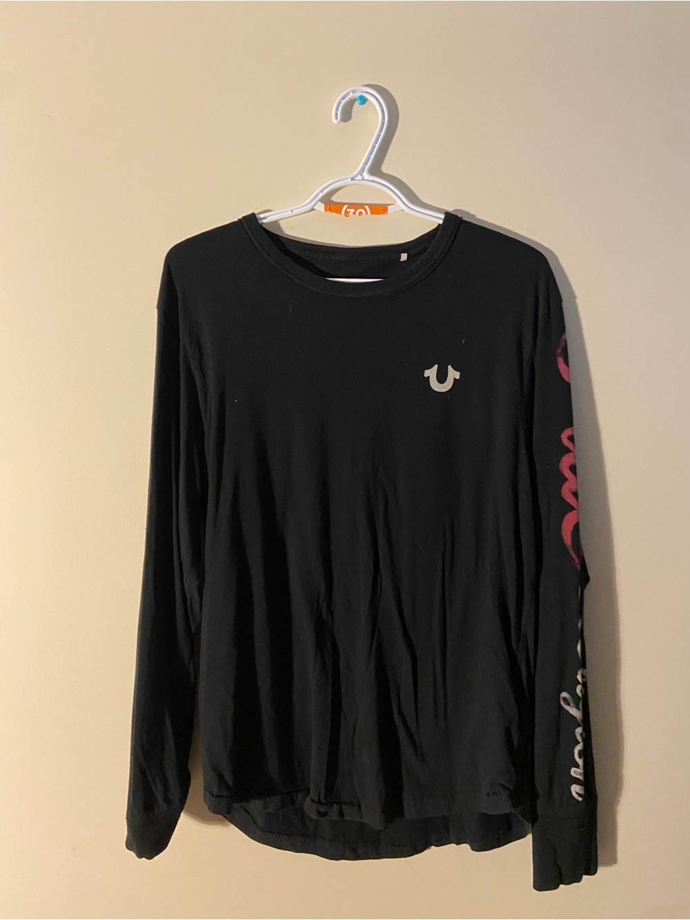 True Religion Black Long Sleeve Tee with Pink Sleeve Script